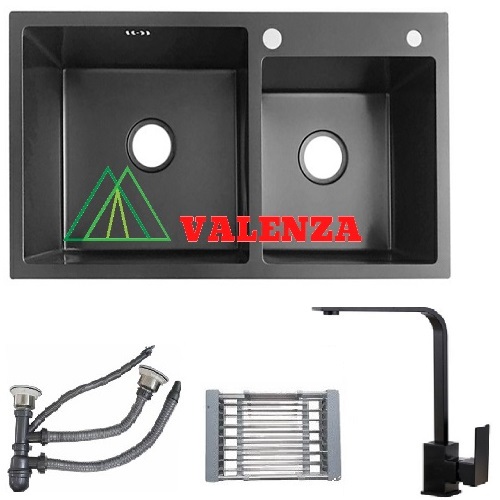 Combo chậu rửa bát nano Valenza sus304 8245 hố lệch,vòi rửa bát nano Valenza sus304 nóng lạnh, xả,rổ