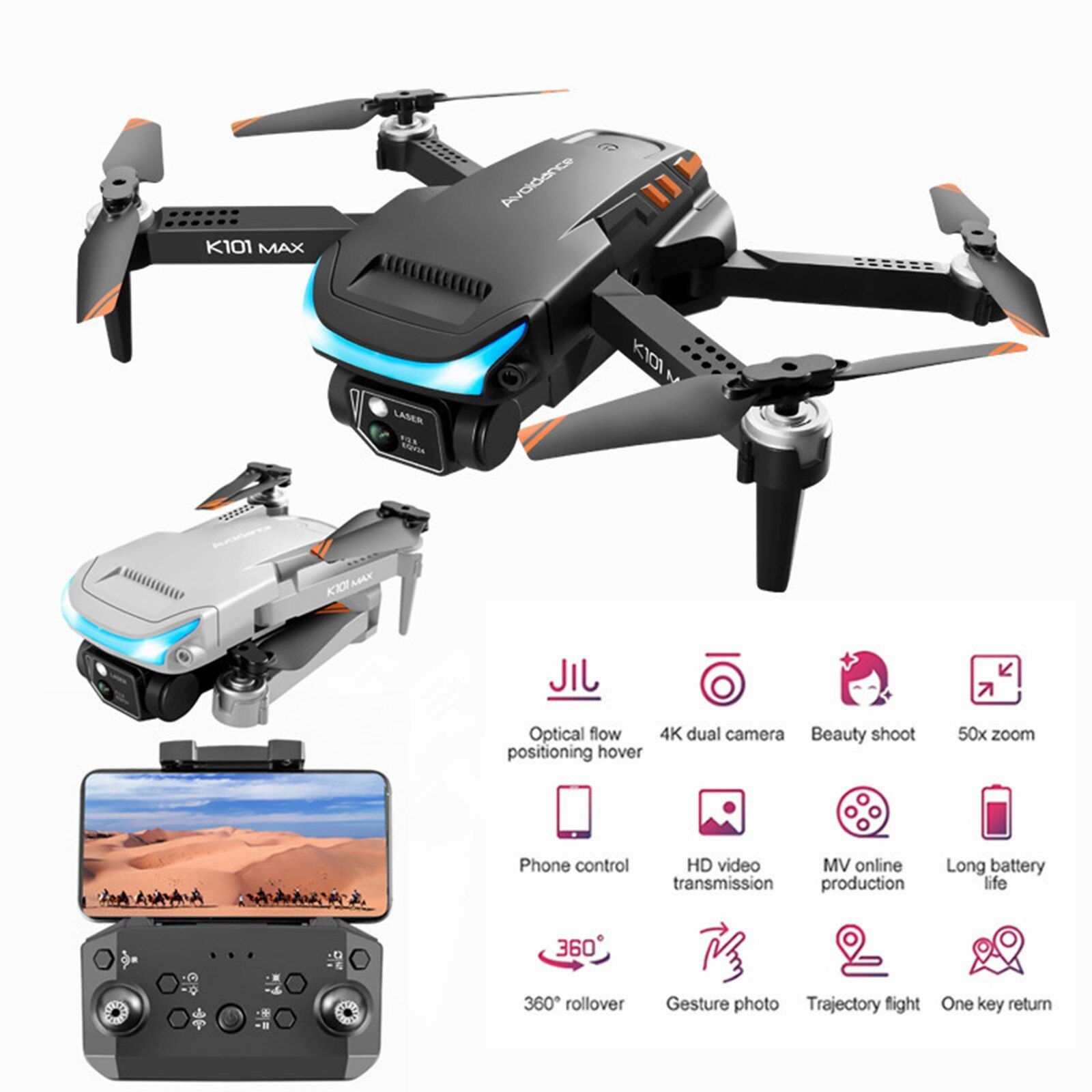 Flycam 4K K101 Max Tránh Vật Cản, Định Vị G.P.S, Máy Bay Không Người Lái 4 Cánh Điều Khiển Từ Xa Camera Kép 5G