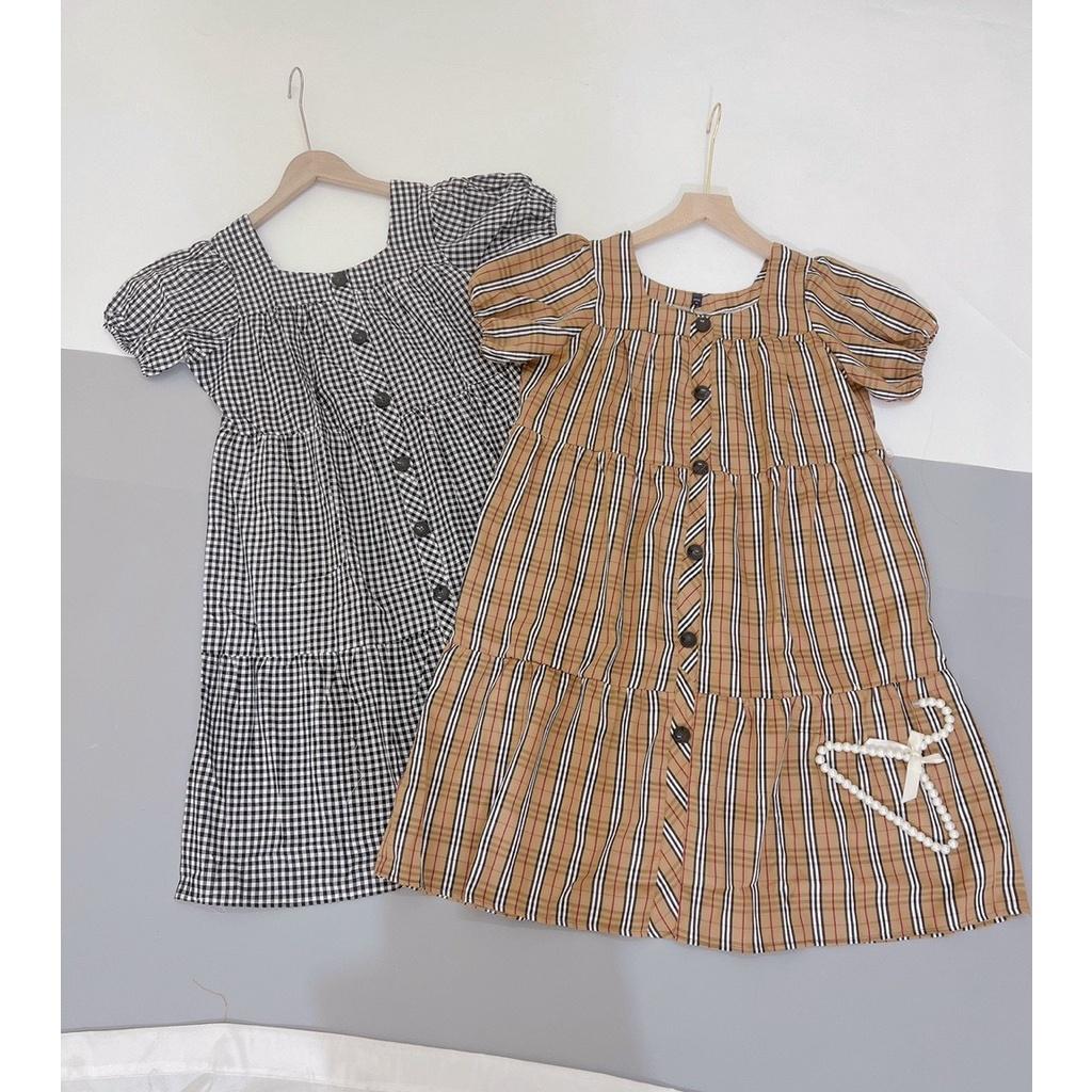 Váy bầu kẻ sọc caro- Đầm cổ vuông tay cộc chất thô đẹp sang chảnh