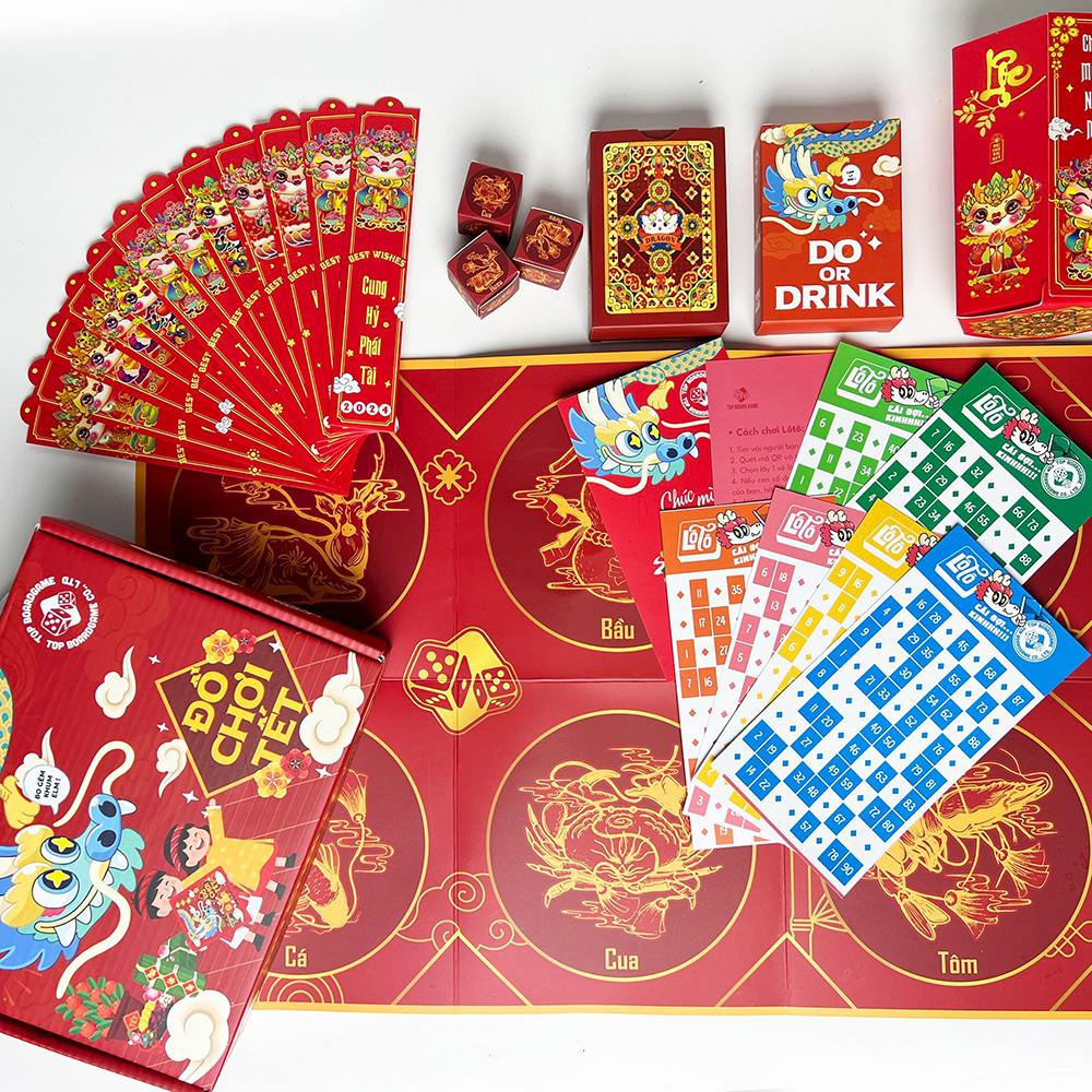 Combo Board Game Đồ Chơi Tết 2024 Đỏ gồm Bầu Cua Bài Tây Drinking Game Lô Tô Lì Xì Quẻ cho nhóm bạn vui chơi