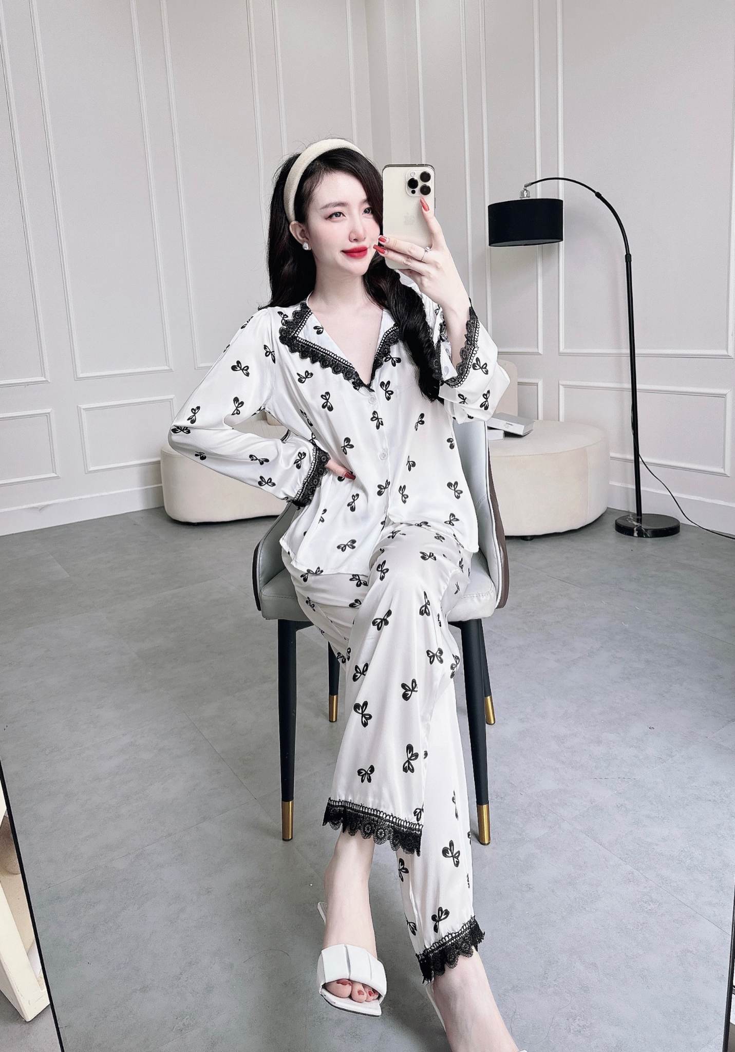 Bộ pyjama nữ lụa min phối ren siêu sang tay dài quần dài size M