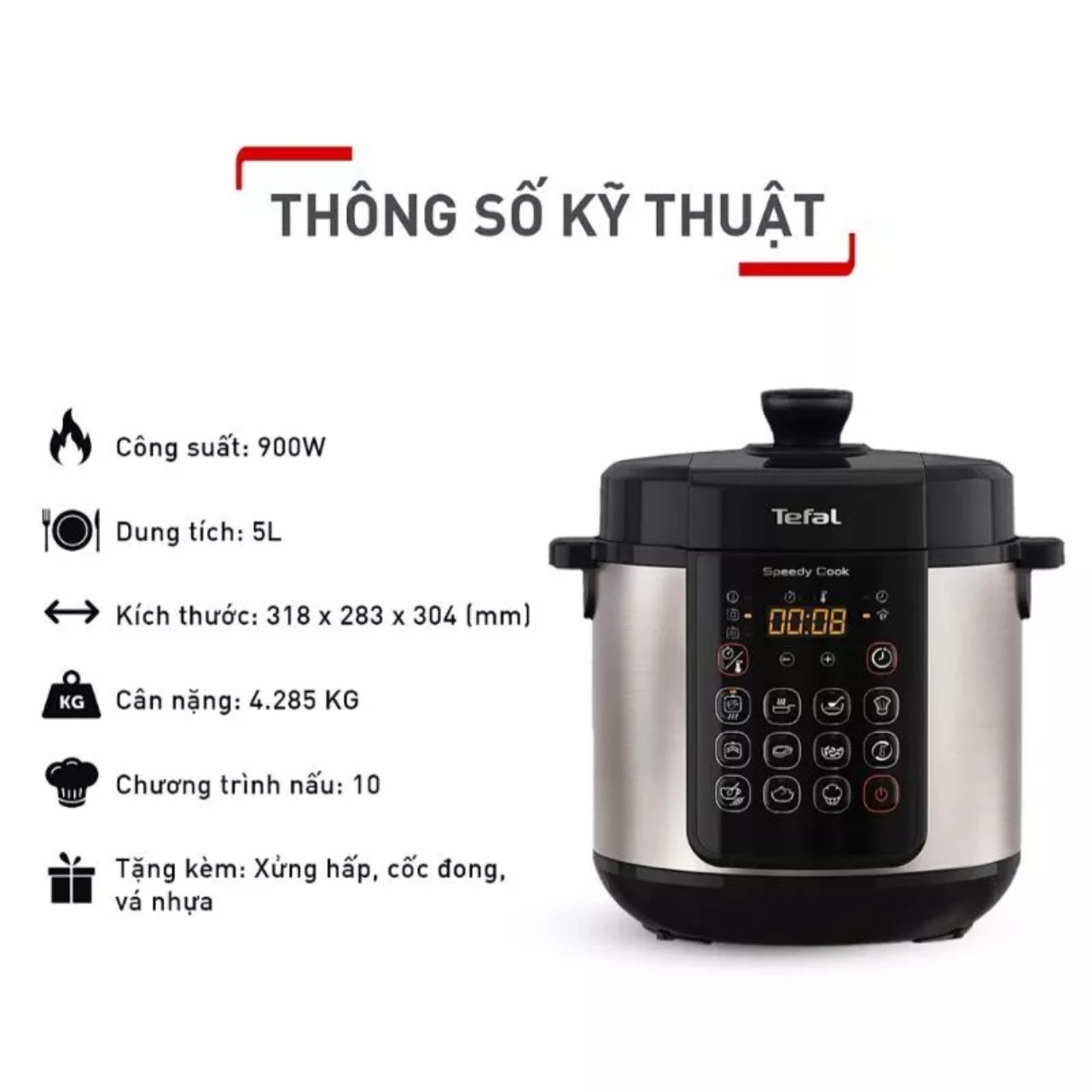 Nồi áp suất điện Tefal Speedy Cook 5L CY222D68 - 10 Chương trình nấu - BH 24 tháng -Hàng Chính Hãng