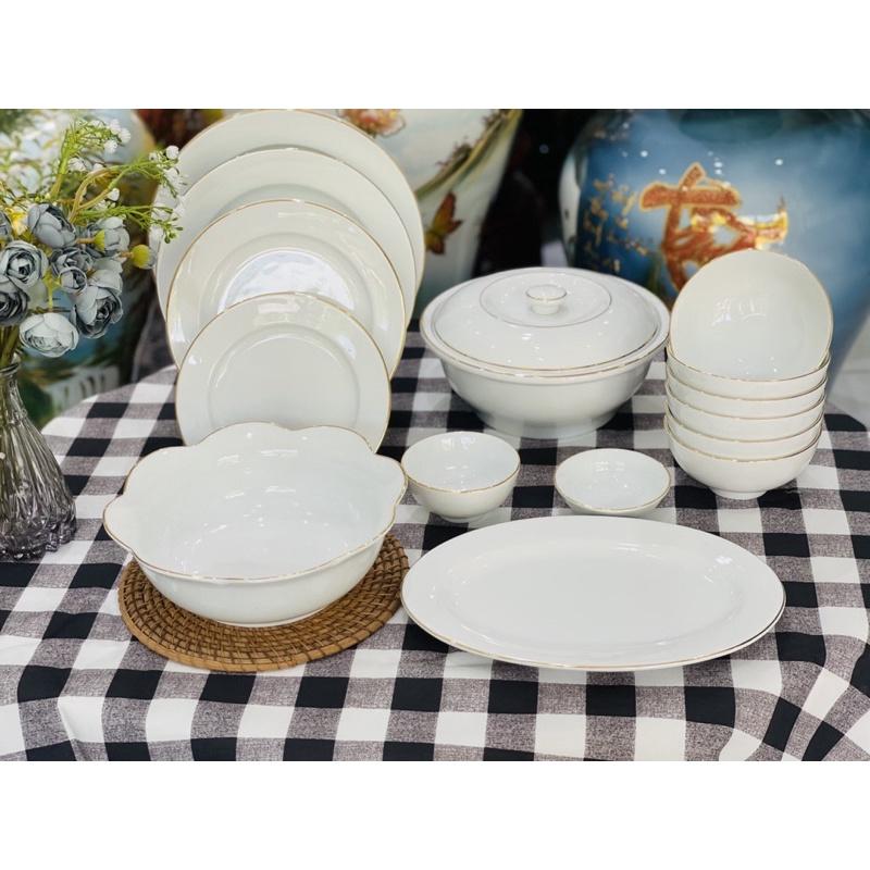 Bộ bát đĩa gốm sứ Bát Tràng14-15 món, men trắng vẽ viền vàng