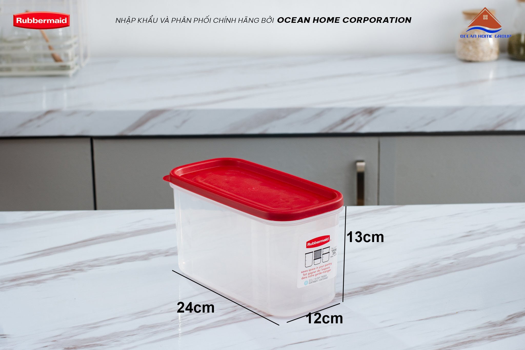 Hộp đựng đồ khô nguyên sinh nhựa nắp đỏ Rubbermaid USA size 2.5L