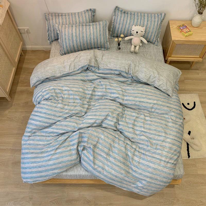 Bộ chăn ga gối Cotton poly M2T Bedding Xanh dương sọc, vỏ chăn mền, drap nệm và 2 vỏ gối