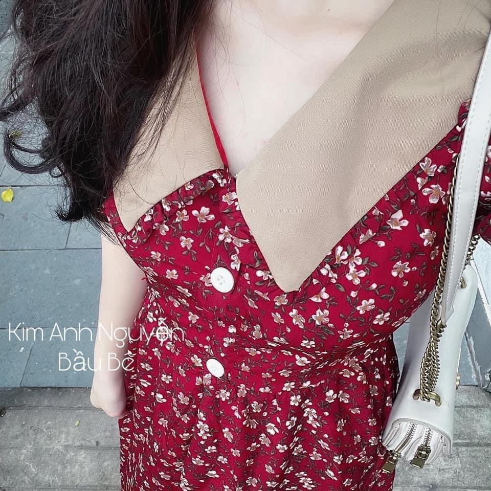 Váy Bầu Hoa Nhí Có Cổ Cúc Thật Cho Bé Bú HD2838 Honey Mommy Đầm Bầu Hè Cộc Tay Đi Làm Đi Chơi Công Sở