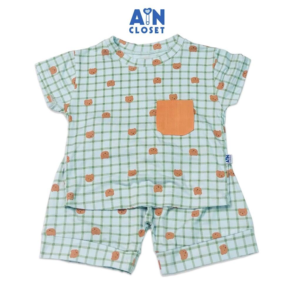 Bộ quần áo ngắn unisex họa tiết Caro gấu mint thun lụa - AICDBTTSUQT9 - AIN Closet