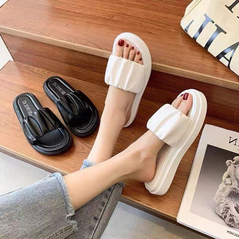 Dép nữ quai ngang da nhăn đế bánh mì siêu nhẹ cao 3cm, Dép thời trang nữ tiểu thư mới