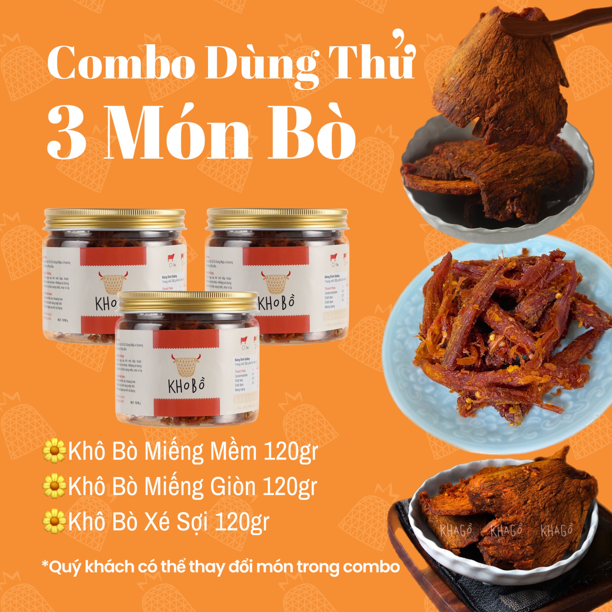 Combo Dùng Thử | 3 Loại Khô Bò 120gr | Kha Gồ | Ăn vặt văn phòng, Quà tặng, Du lịch, Đặc sản món ngon Sài Gòn