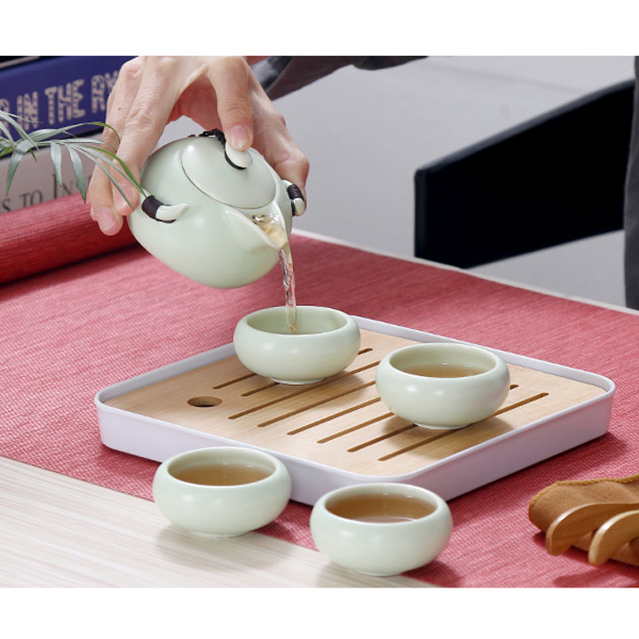 Bộ ấm chén trà đạo sứ ngọc có khay gỗ đựng phong cách Nhật Bản - TRẮNG