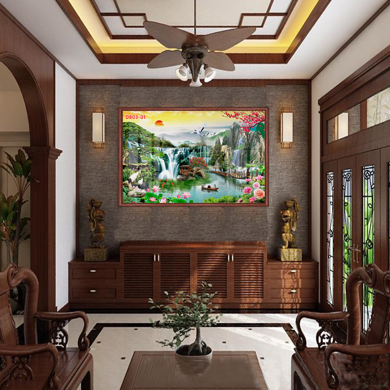 D803 01 Tranh kính Sơn Thủy Hữu Tình