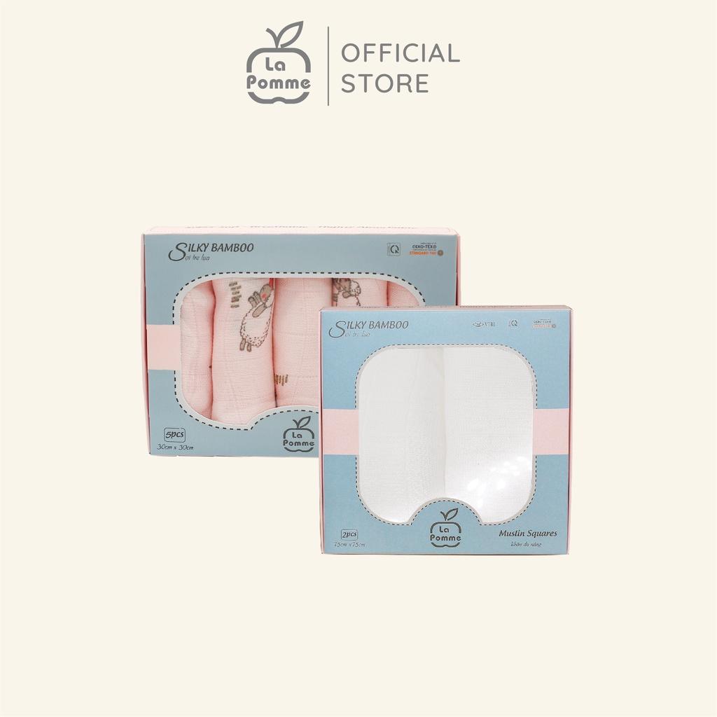 Combo 2 K001 Set 5 Khăn sữa (30x30cm) Pink Sheep + K002 Set 2 Khăn đa năng sợi tre lụa La Pomme (75x75cm) - màu Trắng