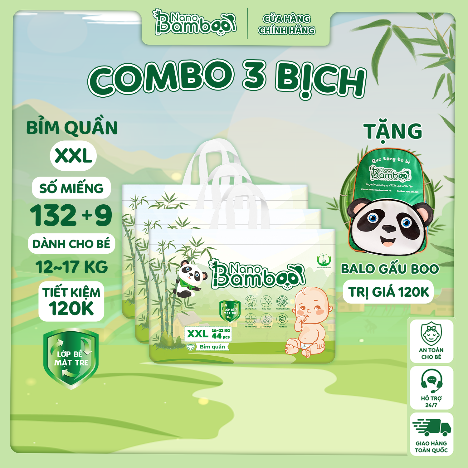 COMBO 3 Bịch tã/bỉm QUẦN Nano Bamboo sợi tre M/L/XL/XXL/XXXL (132 Miếng) tiết kiệm 120k kèm quà tặng - Quần XXXL (&gt; 18Kg)