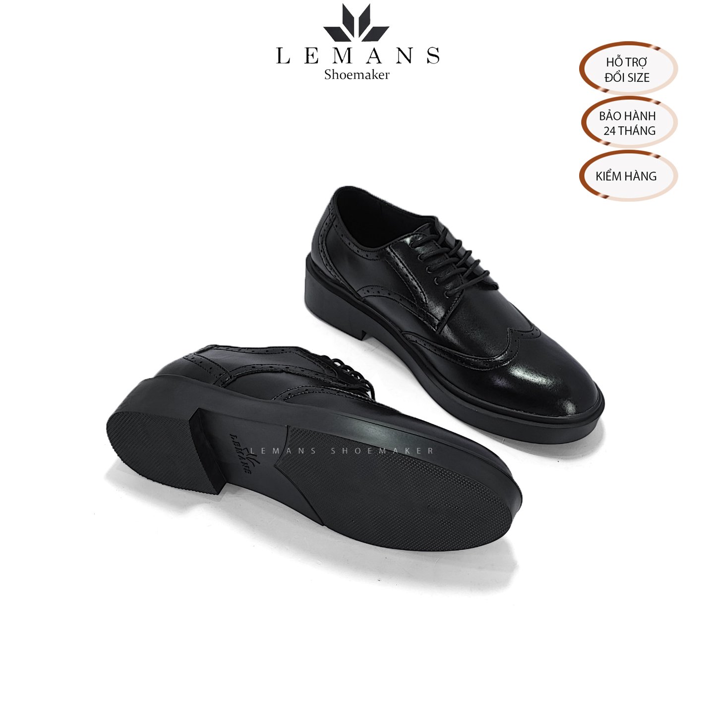 Giày da bò Derby Wingtip LEMANS Black, đế tăng cao lemans 4cm, hoạt tiết cánh bướm, Bảo Hành 12-24 Tháng