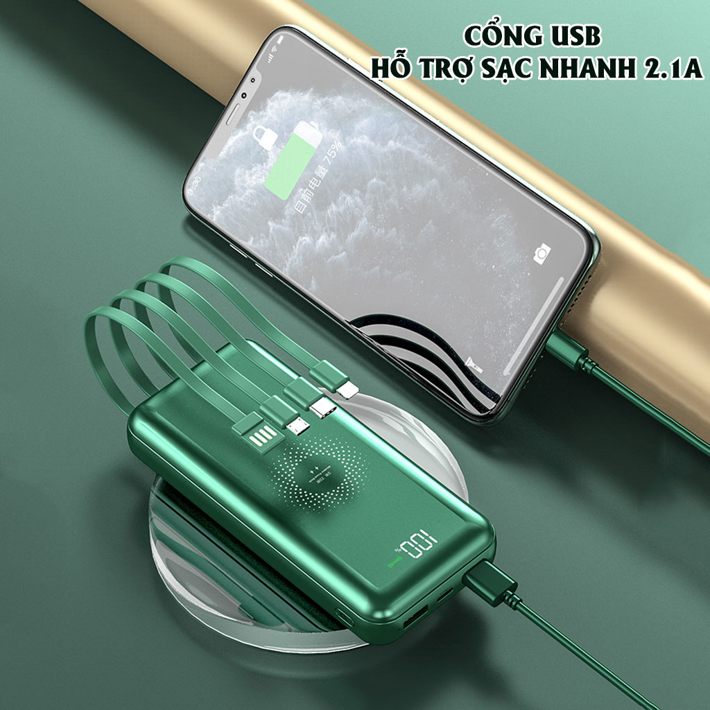 Pin sạc dự phòng Tích hợp sạc không dây HXSJ 10000mAh, Hỗ trợ sạc nhanh cổng usb 2.1A Kèm sẵn 4 đầu sạc cho các dòng điện thoại - Hàng chính hãng