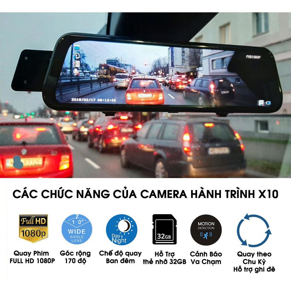 Camera hành trình ô tô X10 Full HD 1080p có kết nối điện thoại, gương chiếu hậu trước và sau, quay đêm sắc nét