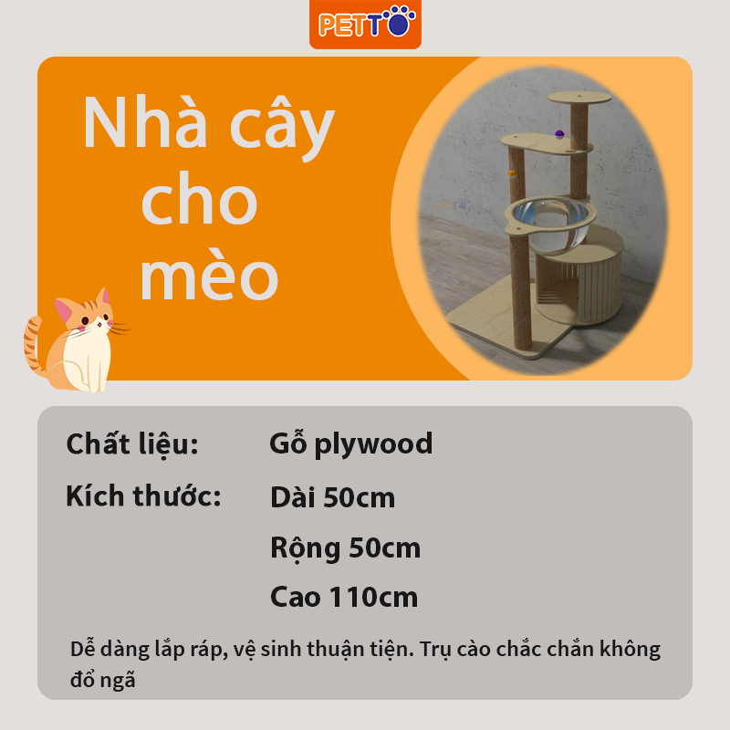 Nhà cây cho mèo PETTO nhà mèo bằng GỖ nhiều tầng kết hợp cào móng Kèm lồng kính trong suốt BẢO HÀNH 1 NĂM CH041