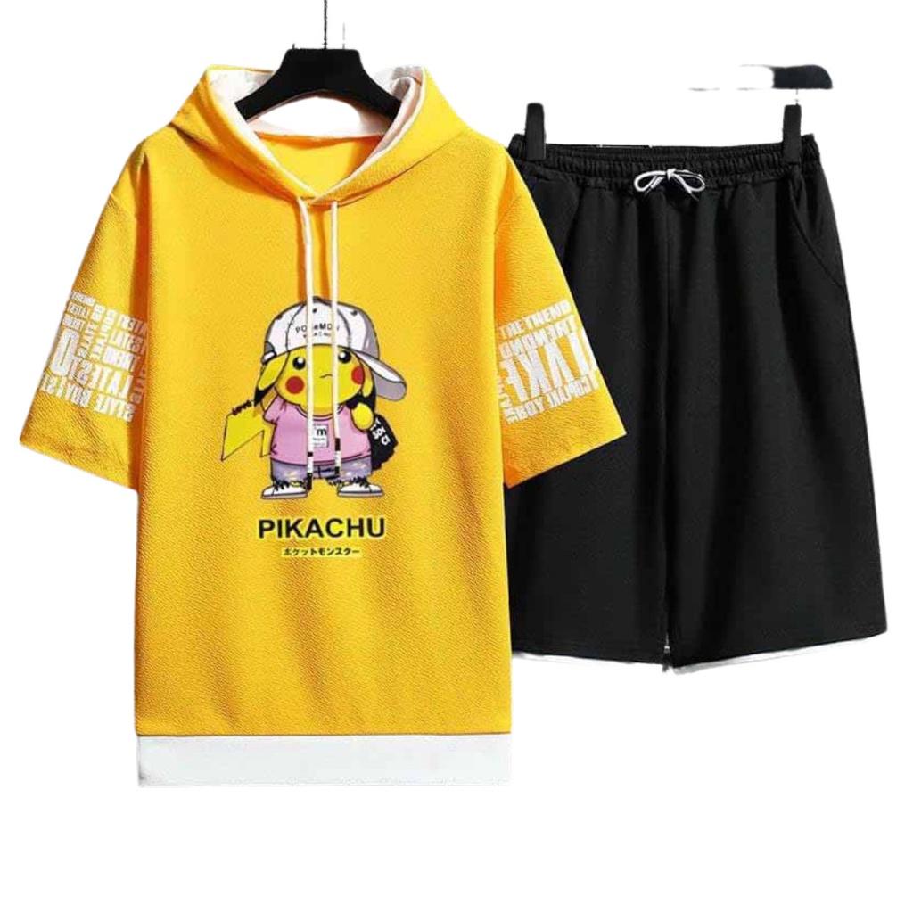 Đồ bộ thể thao nam nữ vải thun lưới mè thoáng mát - Bộ quần áo pikachu tay lửng và quần lưng chun co dãn thoải mái