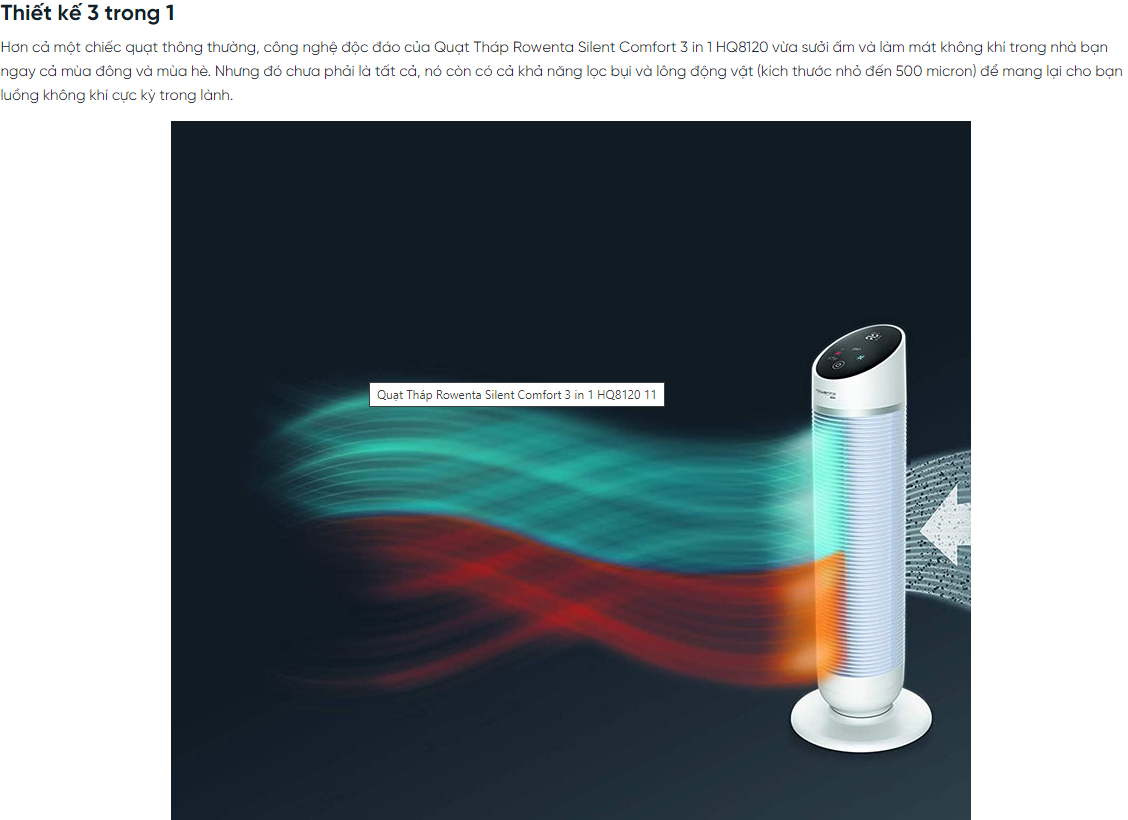 Quạt Tháp Rowenta 3in1 HQ8120, Quạt Sưởi, Quạt Mát, Máy Lọc Không Khí Lọc 99% Bụi Mịn Và Vi Khuẩn, Nhập Đức