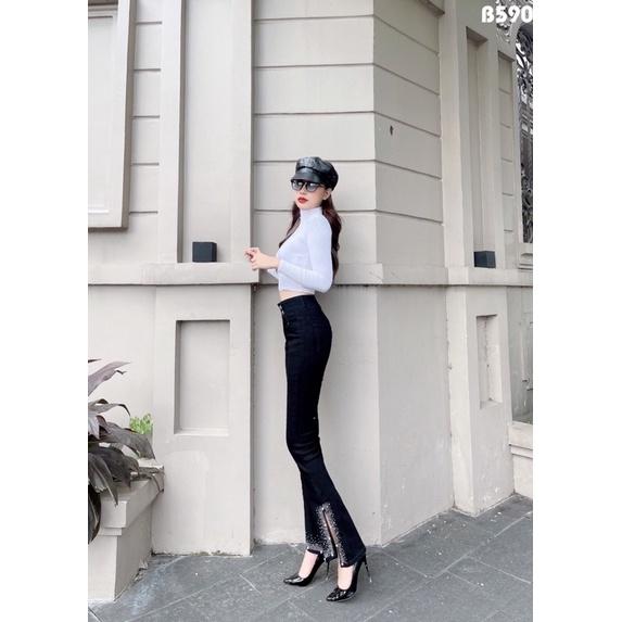 Quần jeans Nữ Ống Loe Dài Màu Đen Đính Đá Co Giãn Cao Cấp