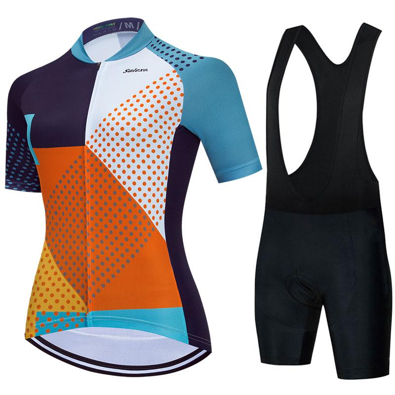 2023 Salexo Nữ Đi Xe Đạp Áo Bộ Ngắn Tay Mùa Hè Maillot 19D Yếm Quần Short Xe Đạp Quần Áo Thể Thao MTB Đi Xe Đạp Quần Áo Color: Short sleeve suit 8 Size: S