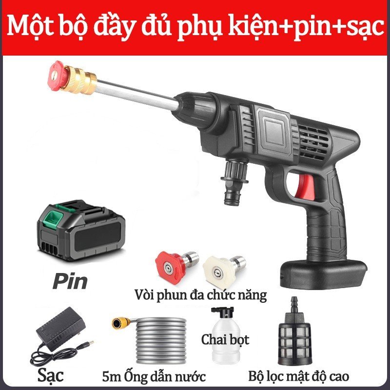 Máy rửa xe dùng pin mini, Máy xịt rửa tăng áp tặng kèm Pin