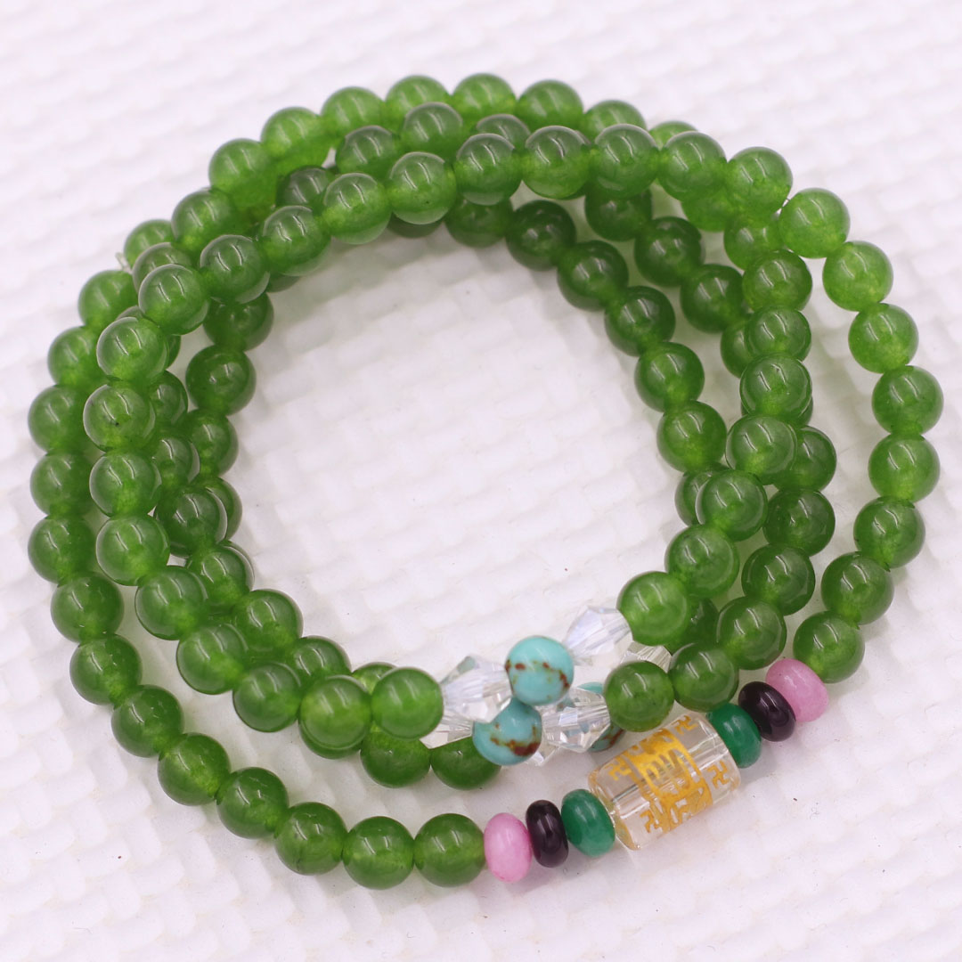 Vòng chuỗi 108 hạt đá thạch anh xanh rêu 6 ly charm lục tự kim ngôn, vòng chuỗi niệm Phật, vòng chuỗi đeo tay