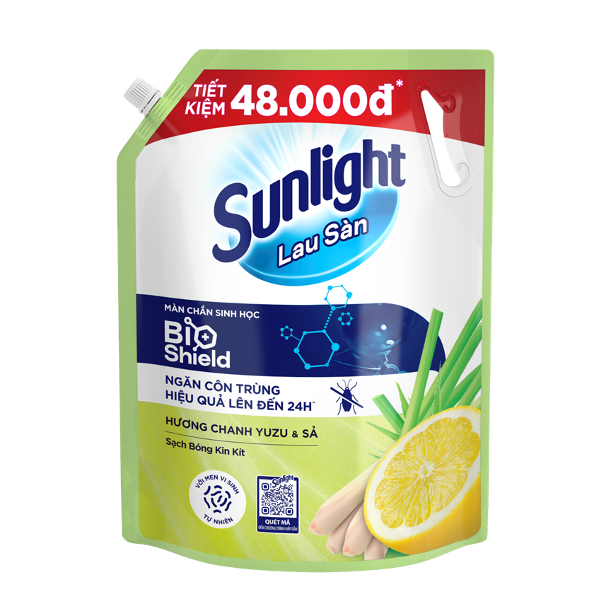 Nước Lau Sàn Sunlight BIOSHIELD Ngăn Côn Trùng Hiệu Quả Hương Chanh Yuzu &amp; Sả Túi 3.4KG