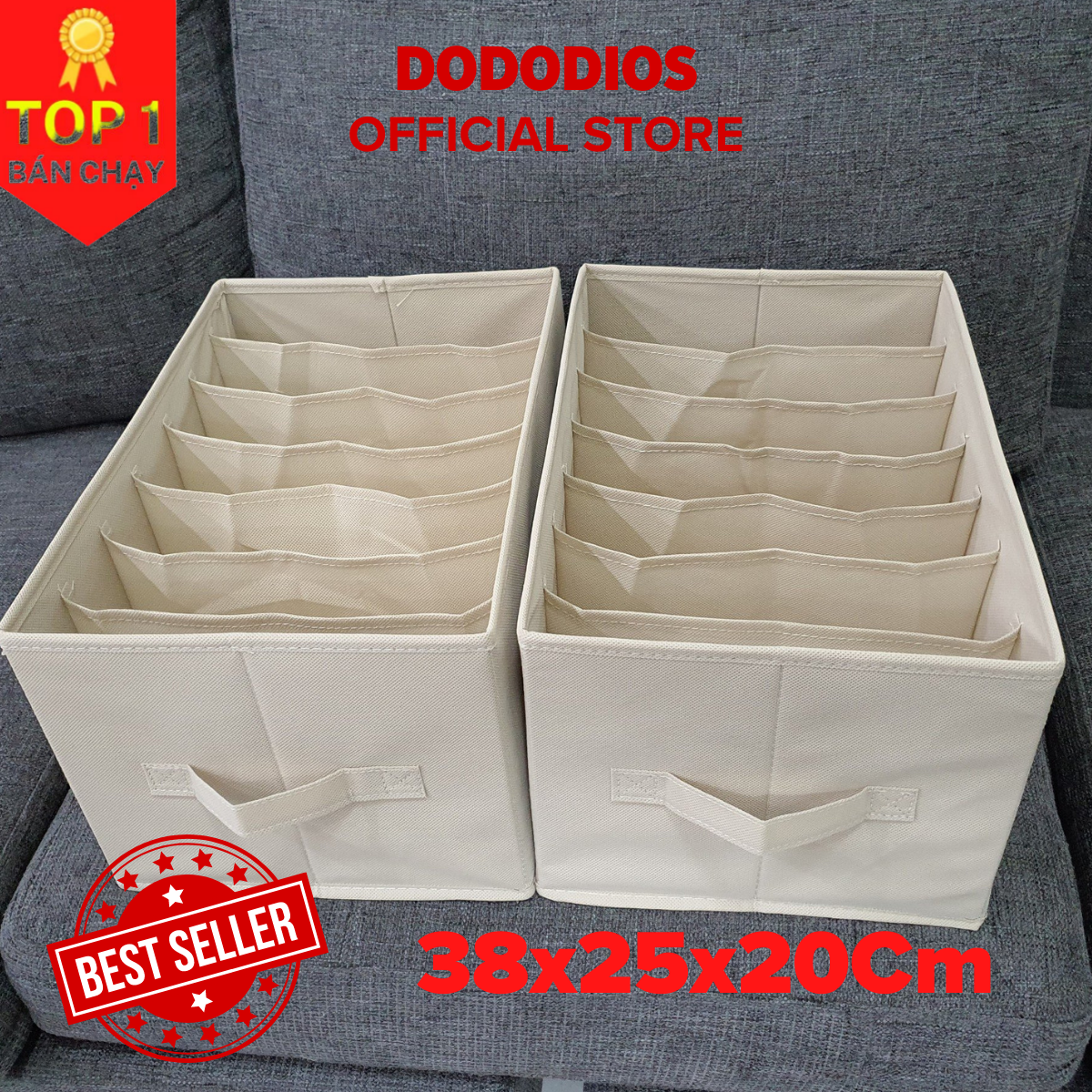 Hình ảnh Bộ 2 hộp đựng đồ chia 7 ngăn sắp xếp quần áo dododios - Hộp vải đa năng HQ2 tiện ích, chất liệu cao cấp, phong cách Nhật Bản sang trọng