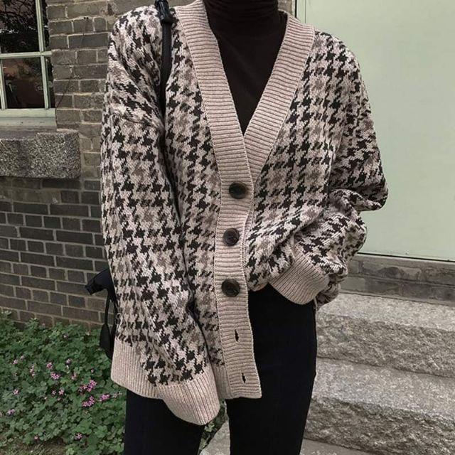 (Có sẵn)Áo len nữ cổ V houndstooth retro ulzzang