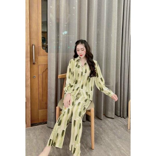 Đồ bộ Pyjama lụa Mango L1 cổ sơ mi, cổ nhọn, tay dài, quần dài 40kg đến 60kg