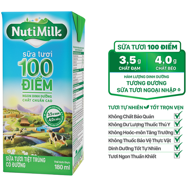 Thùng 48 hộp NutiMilk Sữa tươi 100 điểm - Sữa tươi tiệt trùng Có đường hộp 180ml