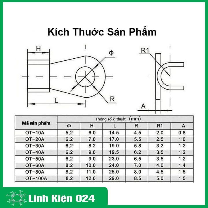 Cos dây điện đồng đỏ OT 5A-100A, cốt bấm nối dây điện, bắt bình ắc quy xe đạp điện, xe máy, loa âm thanh (1 chiếc)