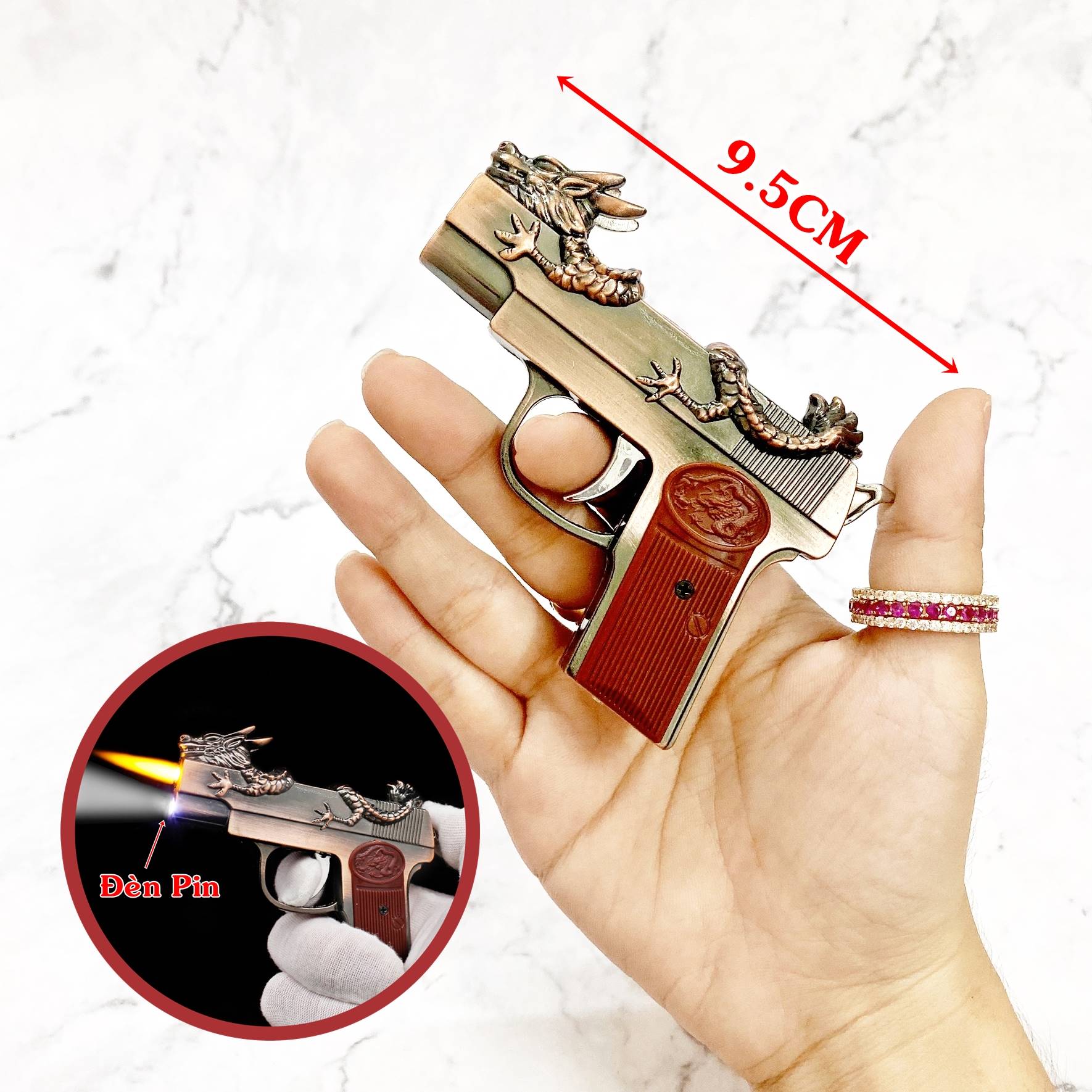 Hột quẹt bật lửa khè hình xúng rồng cuộn có đèn pin size 9.5cm - xài gas