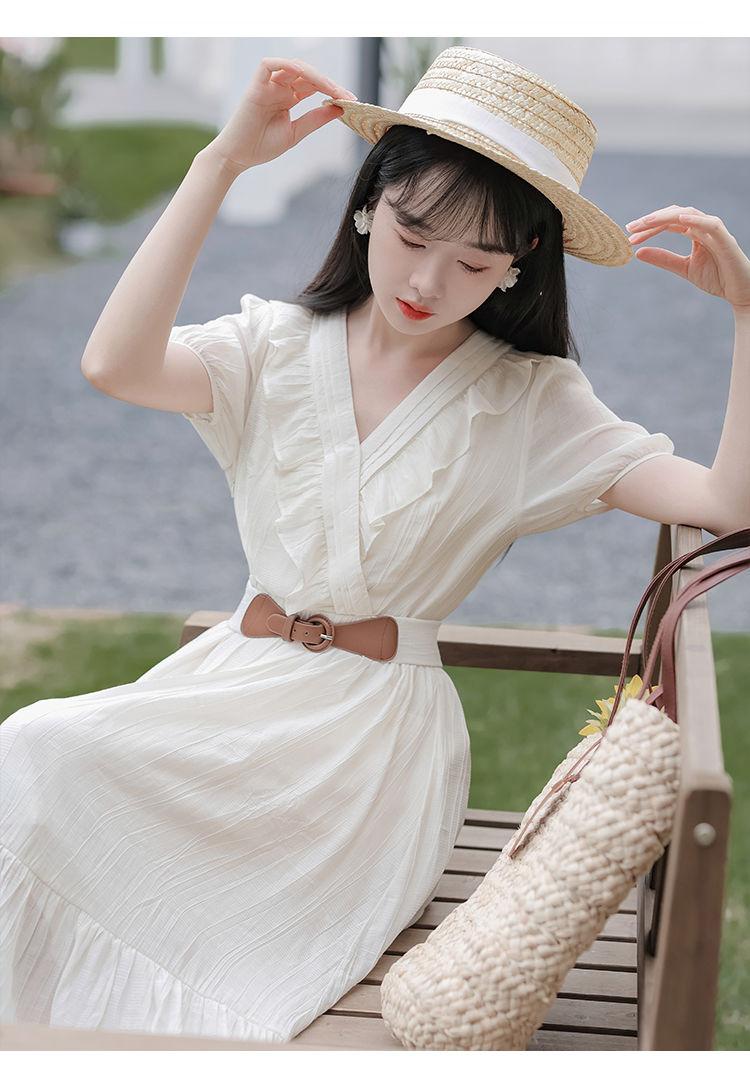 TOBE1SHOP Mùa hè ngắn tay áo v cổ đầm phụ nữ mùa hè ăn mặc 2023 Pháp hiển thị gầy eo đầm dài