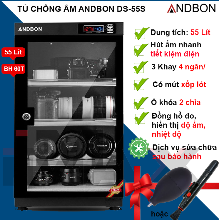 TỦ CHỐNG ẨM ANDBON DS-55S, 55 LÍT LOẠI 3 KHAY - HÀNG CHÍNH HÃNG