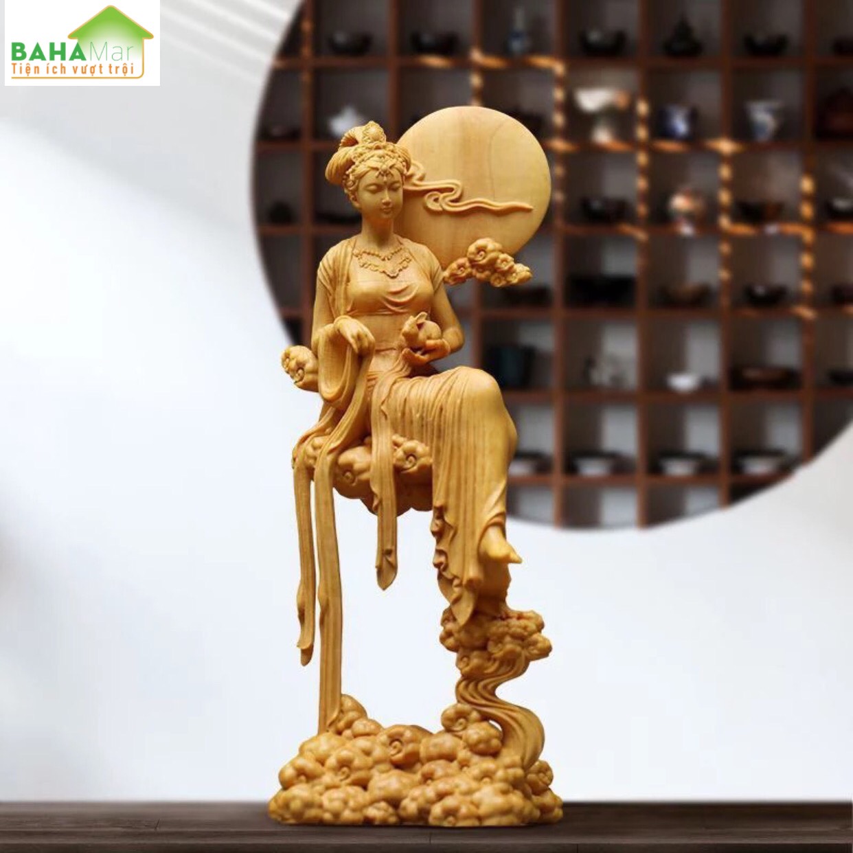 TƯỢNG ĐIÊU KHẮC GỖ - TIÊN HẰNG NGA VÀ THỎ NGỌC TRONG CỔ TÍCH "BAHAMAR" Chất liệu gỗ chắc chắn, chất lượng cao và bảo vệ môi trường, tay nghề tinh tế và chất lượng cao.