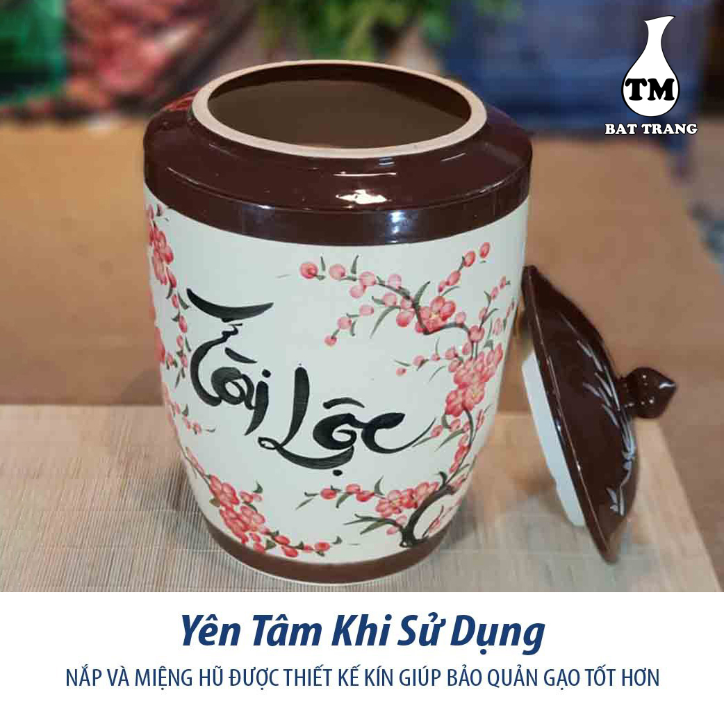 Hủ sứ đựng gạo, ngâm rươu, chứa thực phẩm khô gốm sứ Bát Tràng chữ Tài Lộc nắp nhọn