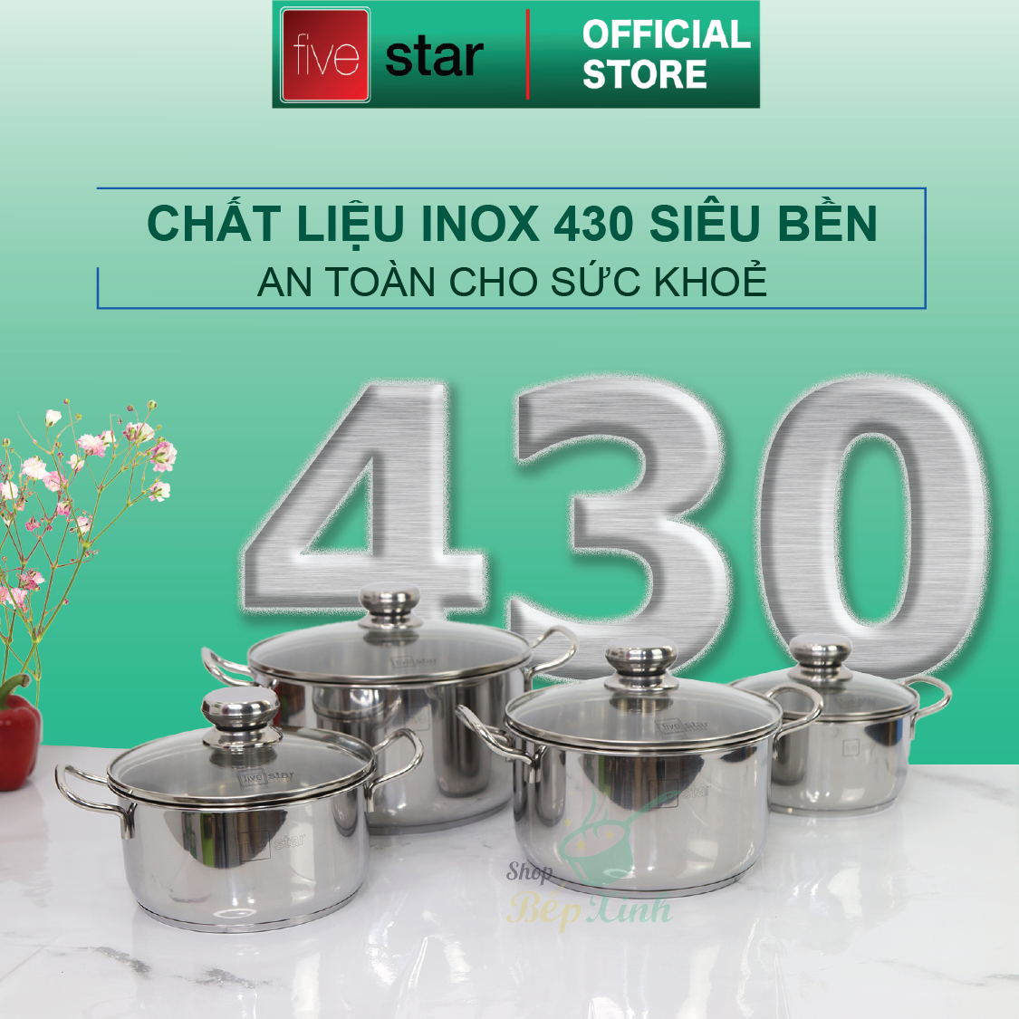 Bộ nồi chảo 3 đáy inox 430 cao cấp FiveStar Standard 6 món bếp từ nắp kính tặng 5 muỗng inox