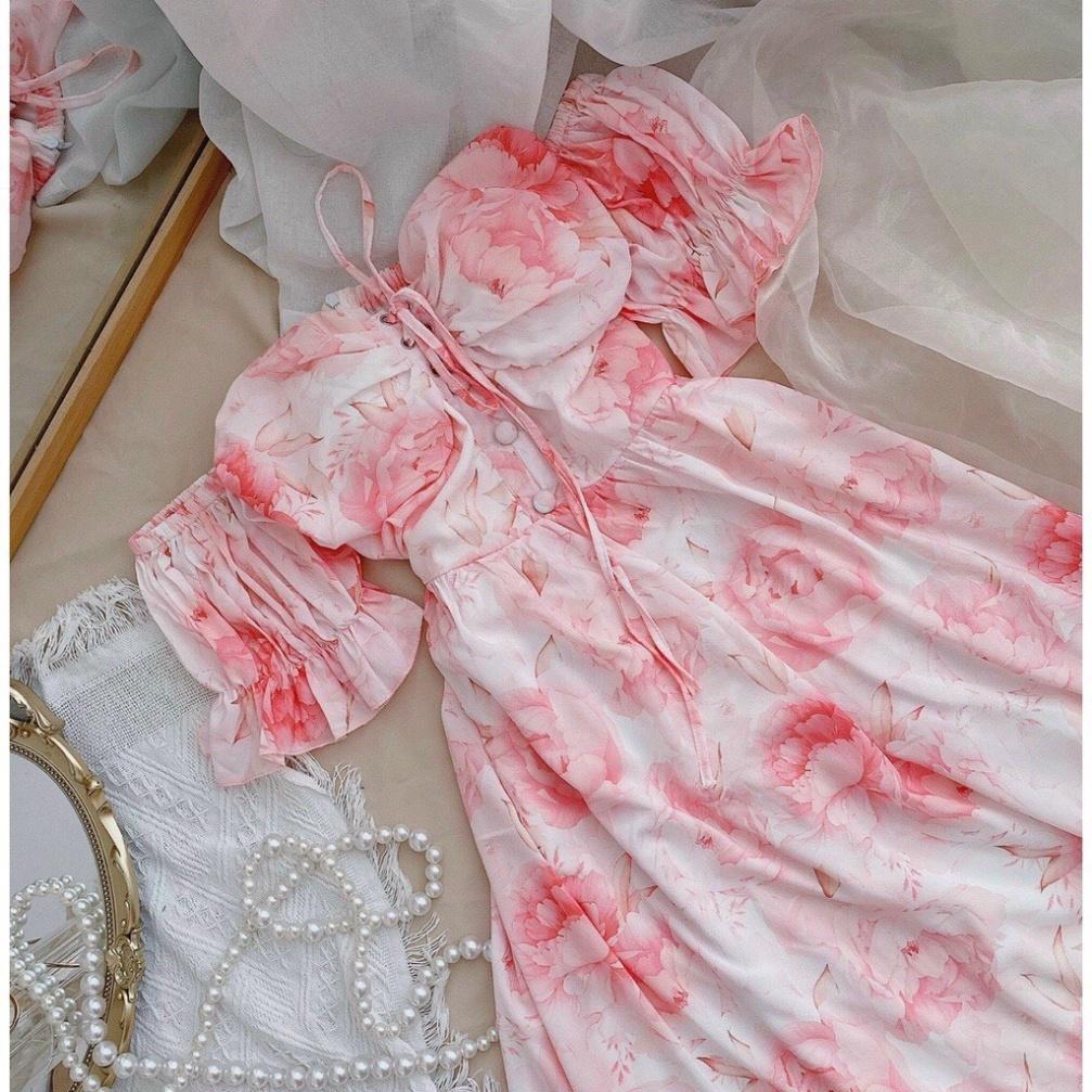 Đầm váy maxi voan lót lụa hoa hồng trễ vai xoè dài Ivy.fashion đi biển dự tiệc dạo phố bigsize gợi cảm sexy
