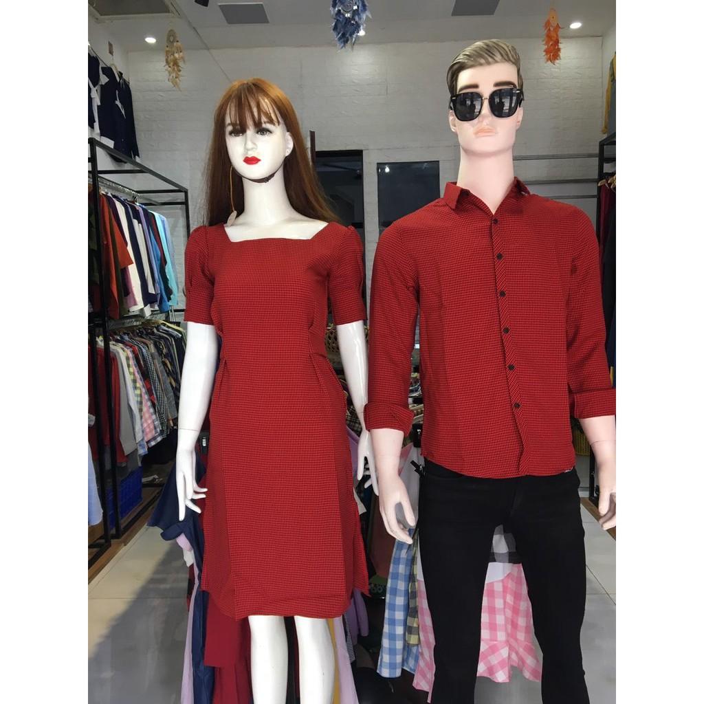 Áo váy đôi nam nữ caro đỏ đen mã 51d