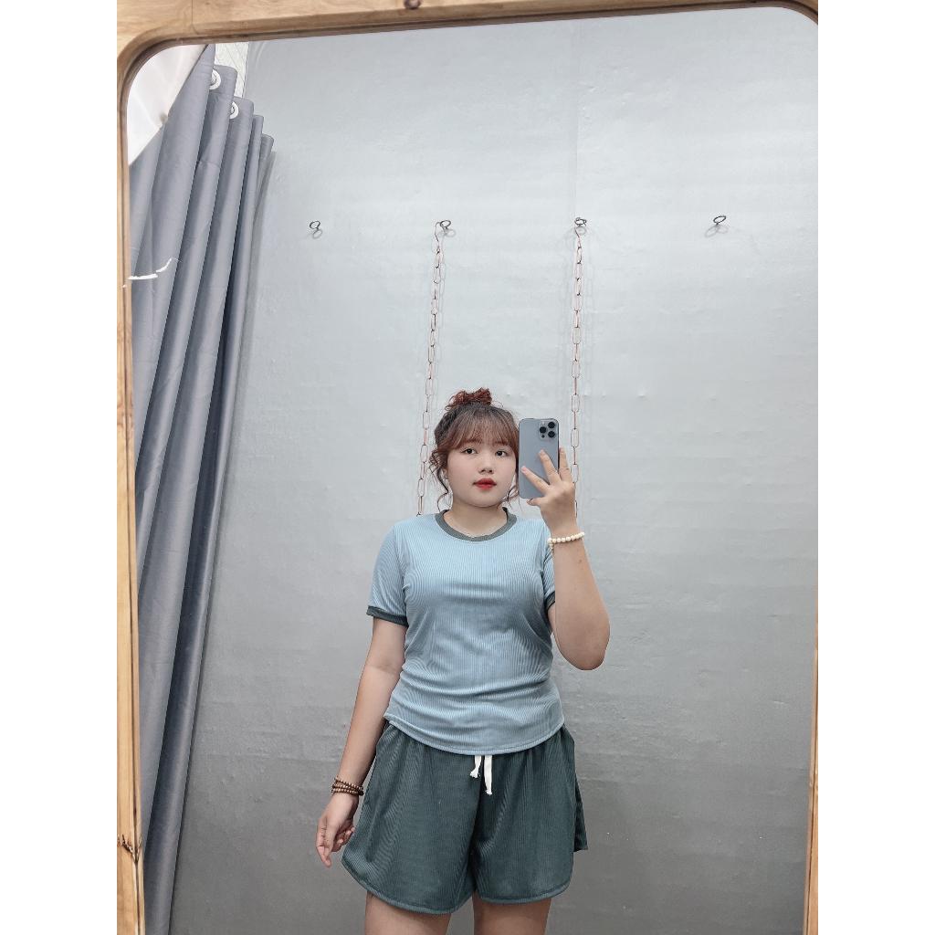 Set bộ bigsize nữ 2 món gồm áo thun cổ tròn viền kết hợp quần đùi thun cột dây hàng thiết kế chất liệu gân- SET11
