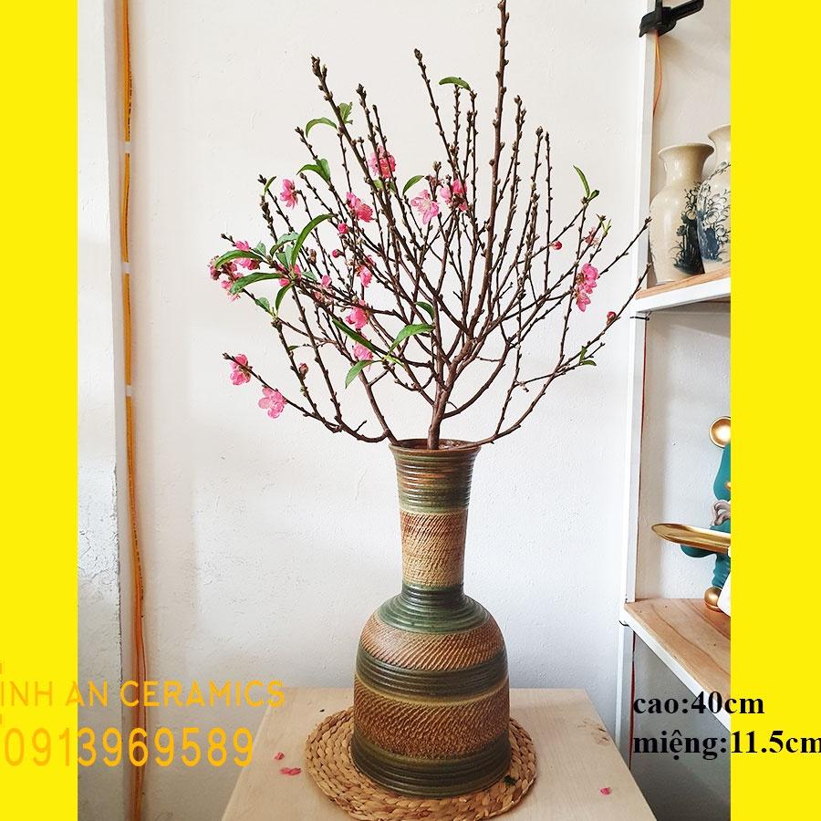 Bình hoa dáng cao ống khói men mộc gốm Minh An Bát Tràng cắm hoa đào, tuyết mai trang trí Tết