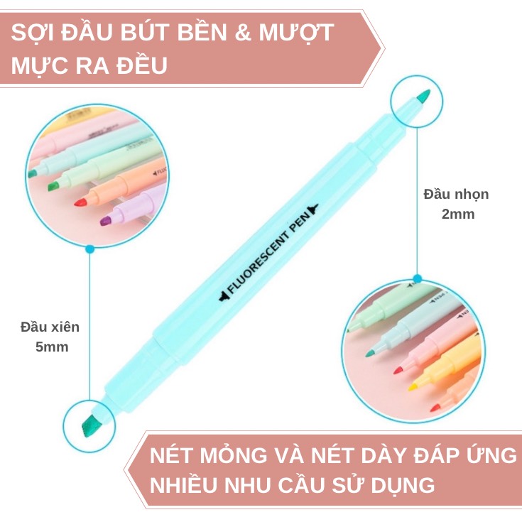 Set 6 bút highlight dạ quang đánh dấu dòng Pastel 2 đầu 