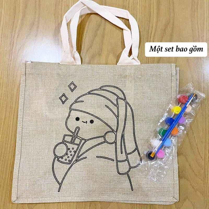 Túi tote handmade tự tô màu DIY, túi xách nữ cá tính đi chơi, đi biển, đi du lịch