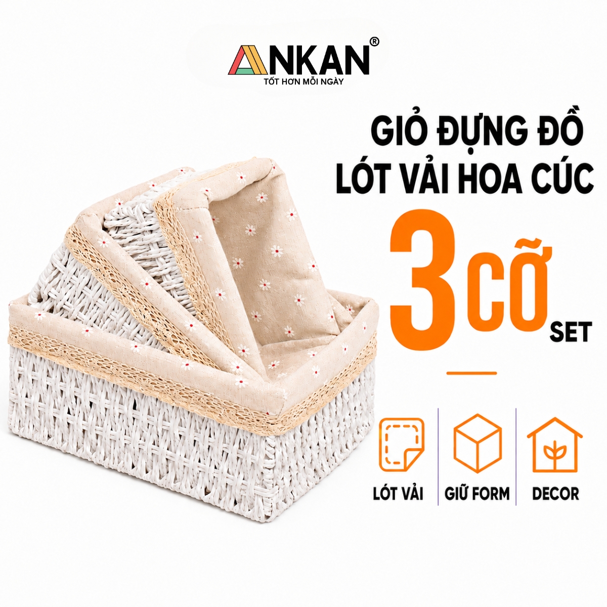 Giỏ Lót Vải Hoa Nhí Vintage Cao Cấp ANKAN – Giỏ Đựng Mỹ Phẩm, Đồ Ăn Vặt, Decor Phòng Sang Trọng
