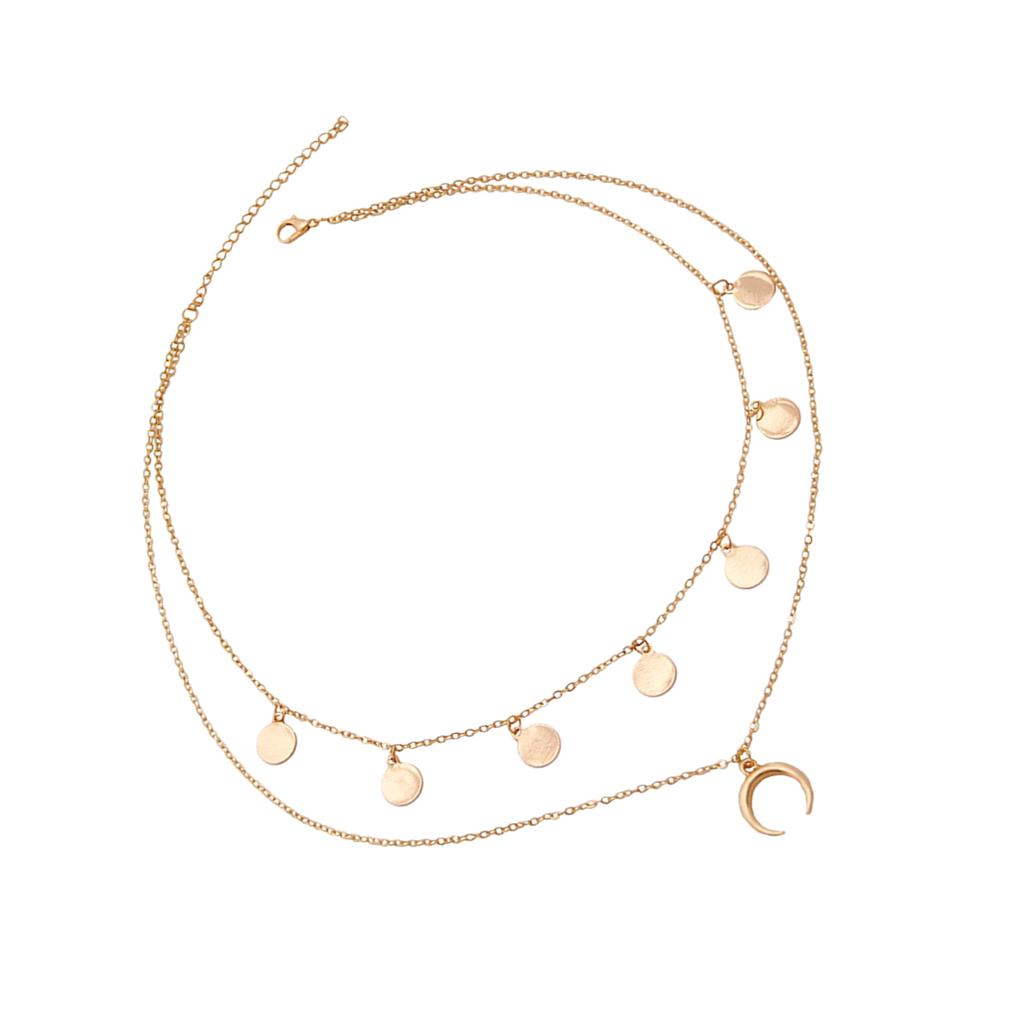 Moon Pendant Mini Disc Choker Chain Double Layer Clavicle Necklace Golden