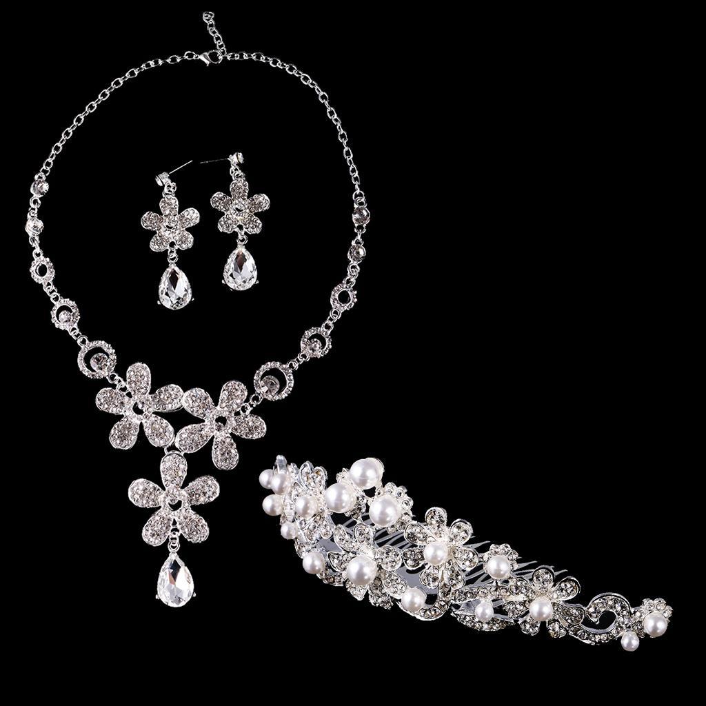 Silver Plated Flower Rhinestone Necklace Earrings Bridal Tiara Jewelry Set