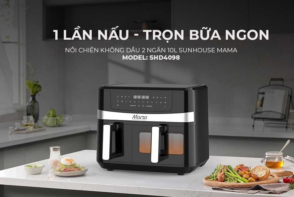 [New] Nồi chiên không dầu 2 ngăn 10L Sunhouse Mama SHD4098 - Chế độ riêng - Tiết kiệm thời gian - Công nghệ Rapid Air - Hàng chính hãng
