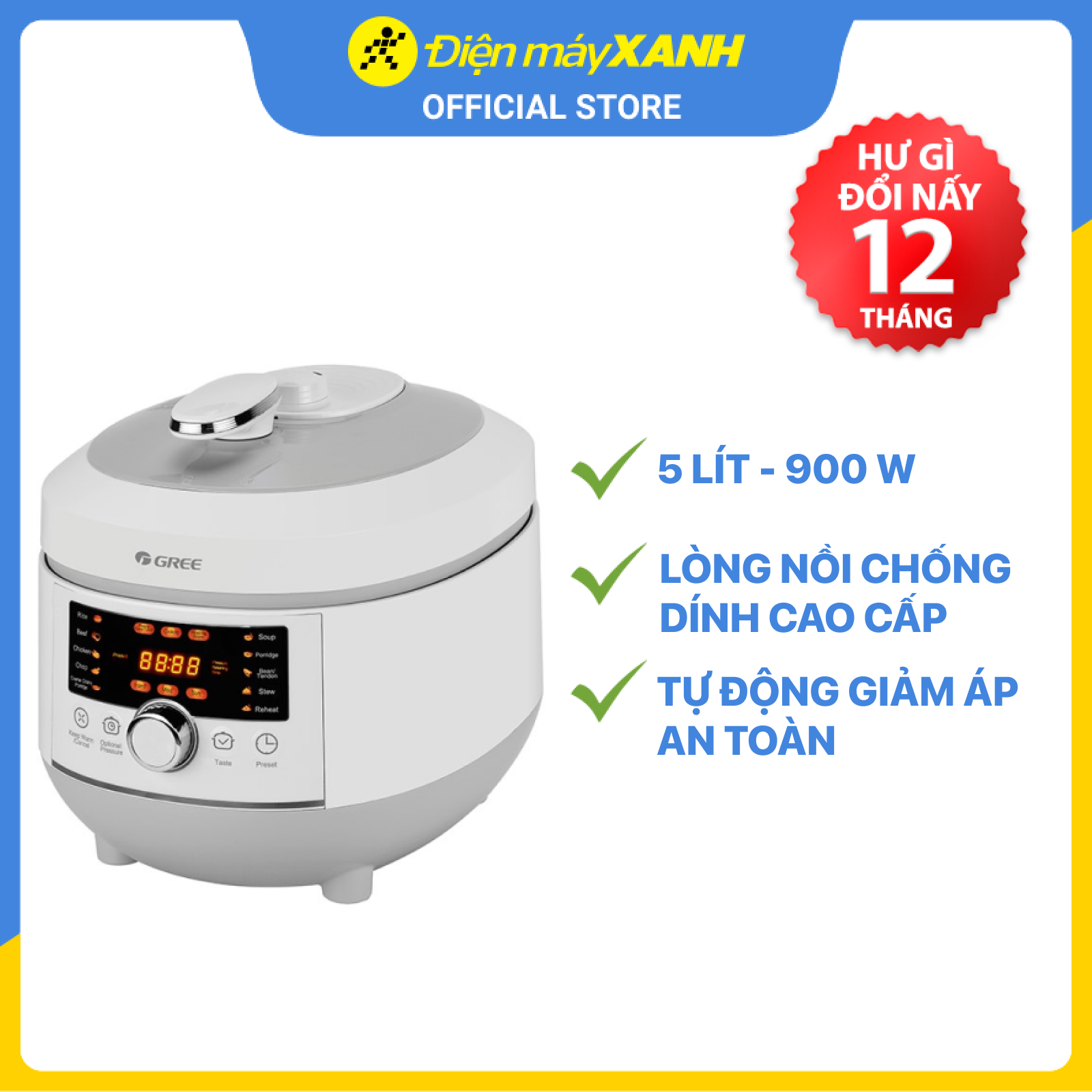 Nồi Áp Suất Điện Gree CYFWK-50X62S (5L)  - Lòng nồi kép chống dính siêu bền, Thiết kế nắp trong có thể tháo rời dễ làm sạch, Hàng Phân Phối Chính Hãng